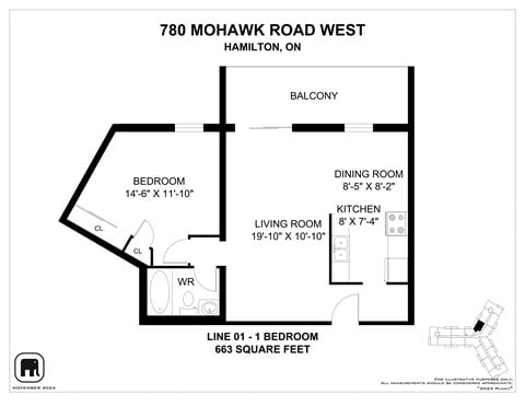 Floor plan for 1 bed, 1 bath, 684 sqft